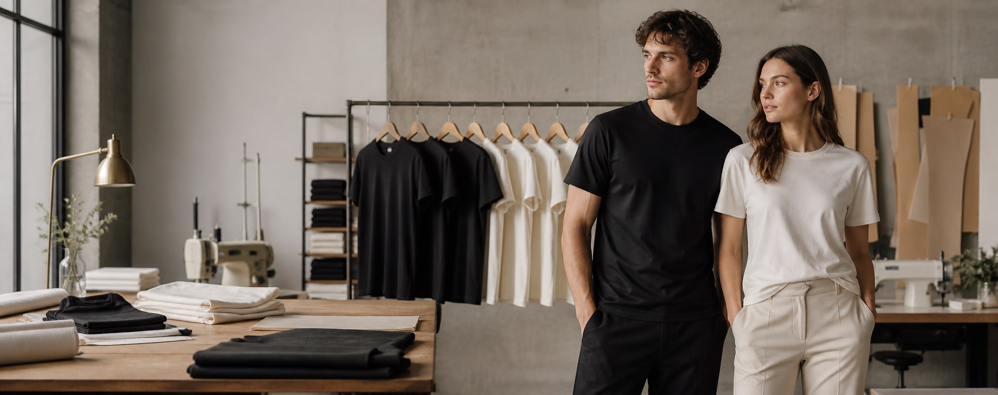Producao de camisetas premium em um estudio de confeccao.